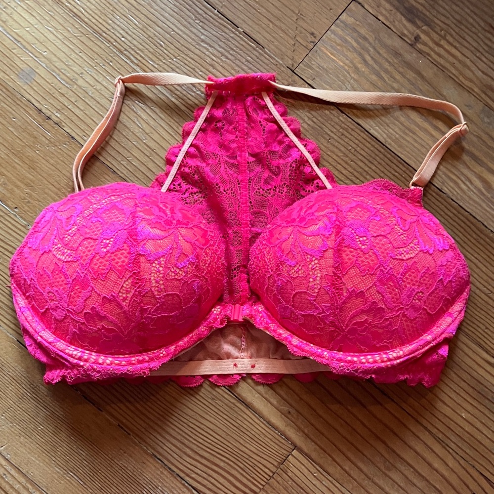 PINK Victoria's Secret Hot Pink Lace Racerback Push-Up Bra
